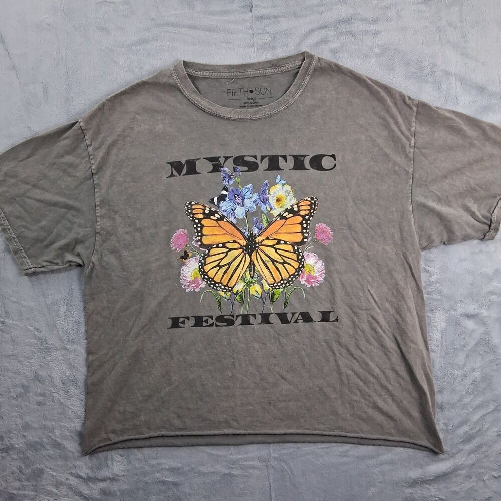 Fifth Sun Mystic Festival Tour Butterfly Graphic Cropped T-Shirt Gray Large